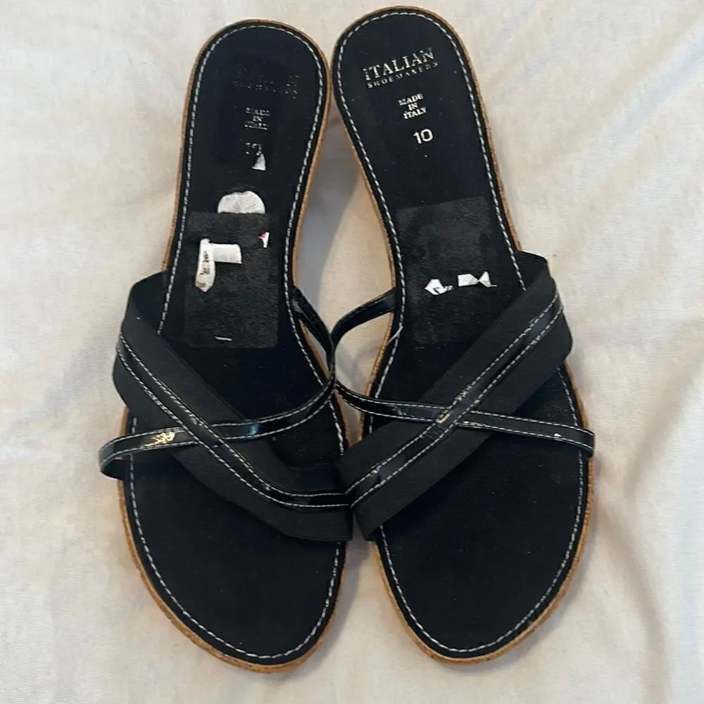 Italian Shoemakers sz 10 black with tan wedge sandals GUC No box